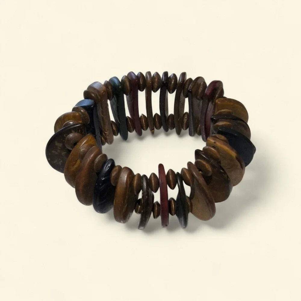 Vintage Coconut Shell Chunky Stretch Bracelet Boho Natural Wood Jewelry - Picture 4 of 5